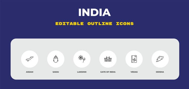 outline india icons set - assam, sarai, lakshmi. editable vector for web and mobile ui