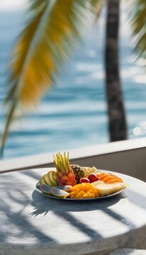 Tropical luxury breakfast a vibrant fruit platter evokes serene resort mornings bathed in soft island light