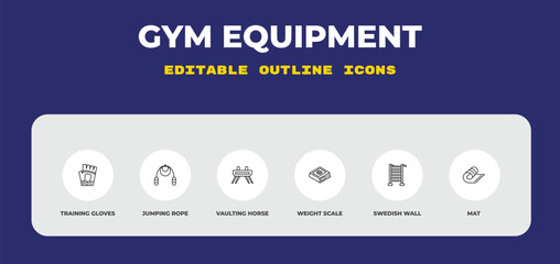 outline gym equipment icons set - training gloves, jumping rope, vaulting horse. editable vector for web and mobile ui © IconArt