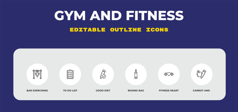 outline gym and fitness icons set - bar exercising, to do list, good diet. editable vector for web and mobile ui