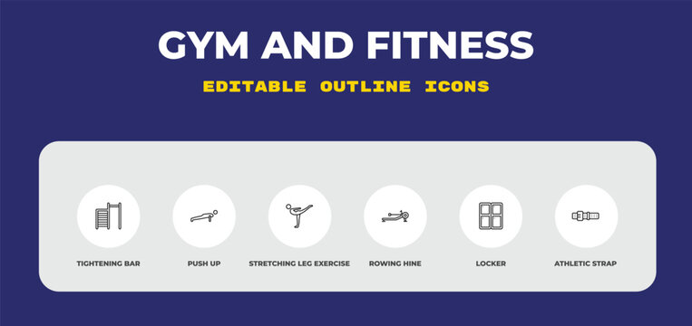 outline gym and fitness icons set - tightening bar, push up, stretching leg exercise. editable vector for web and mobile ui