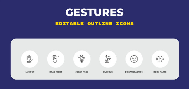 outline gestures icons set - hand up, drag right, joker face. editable vector for web and mobile ui