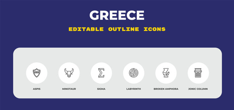outline greece icons set - aspis, minotaur, sigma. editable vector for web and mobile ui