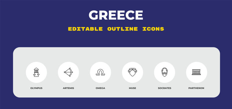 outline greece icons set - olympus, artemis, omega. editable vector for web and mobile ui