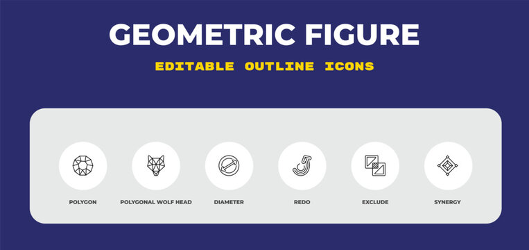 outline geometric figure icons set - polygon, polygonal wolf head, diameter. editable vector for web and mobile ui