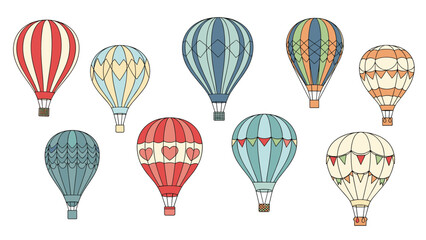Obraz premium Collection of nine colorful vintage style hot air balloons with different patterns and decorations flying against a clean white background.
