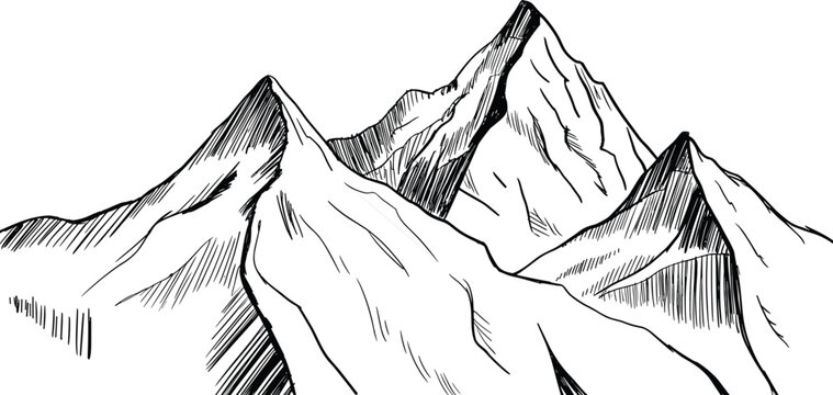 Hand drawn mountain peaks sketch, vintage engraving style alpine landscape vector illustration design