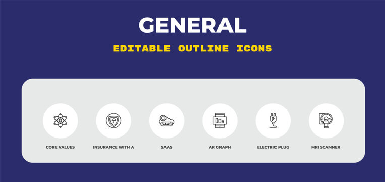 outline general icons set - core values, insurance with a button, saas. editable vector for web and mobile ui