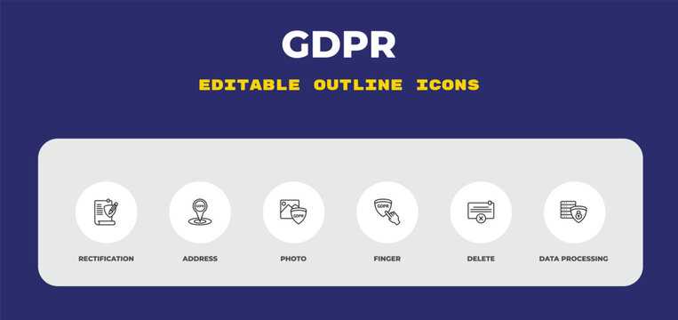 outline gdpr icons set - rectification, address, photo. editable vector for web and mobile ui