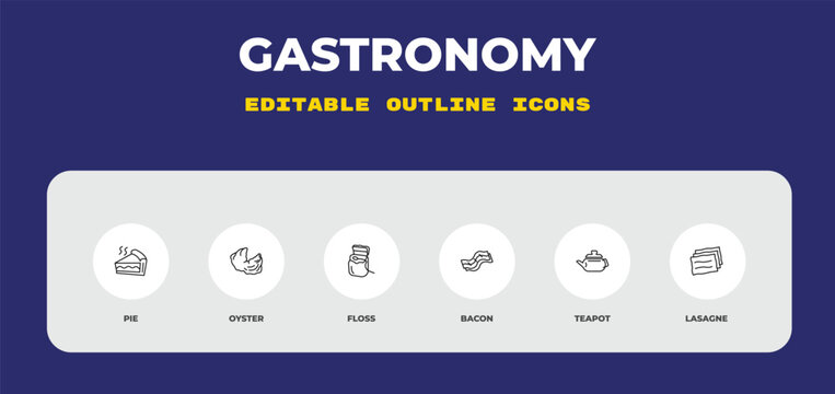 outline gastronomy icons set - pie, oyster, floss. editable vector for web and mobile ui