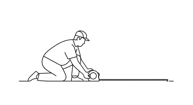 Construction worker kneeling, measuring a straight line with tape measure.