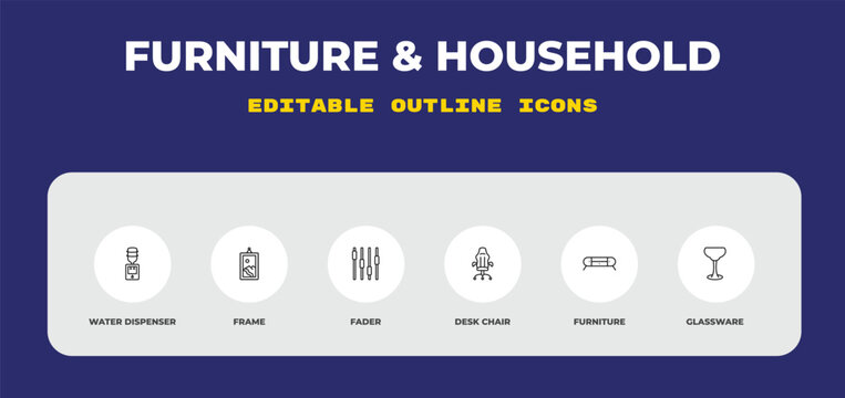 outline furniture & household icons set - water dispenser, frame, fader. editable vector for web and mobile ui