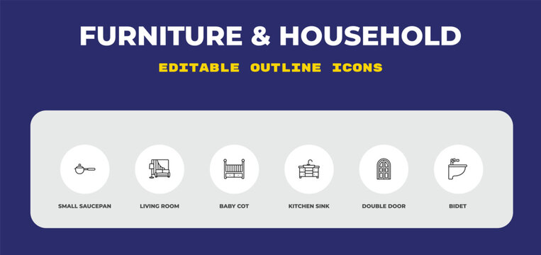 outline furniture & household icons set - small saucepan, living room, baby cot. editable vector for web and mobile ui
