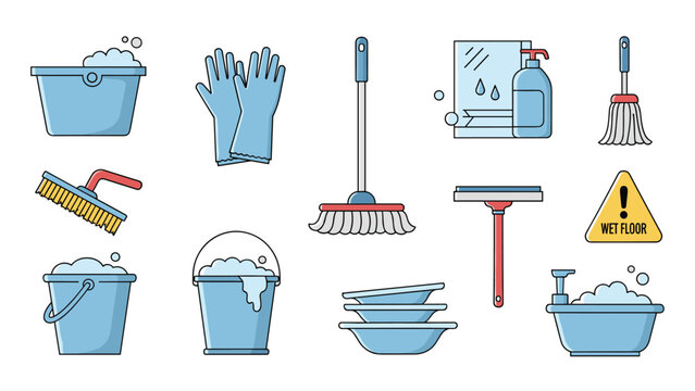 Comprehensive set of cleaning supplies icons including buckets gloves broom mop spray bottle warning sign and basin for housework concepts.