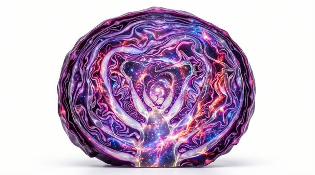 Half of red cabbage with inner cosmic galaxy pattern and glowing core on white background.