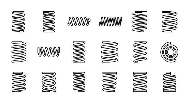 a collection of spring coil icons illustrating various mechanical spring types for industrial design and engineering concepts
