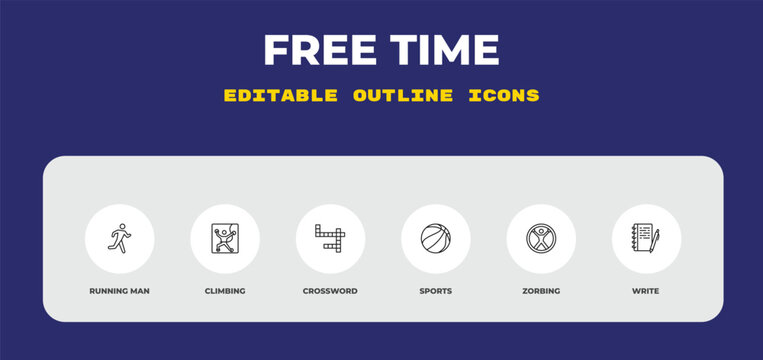 outline free time icons set - running man, climbing, crossword. editable vector for web and mobile ui