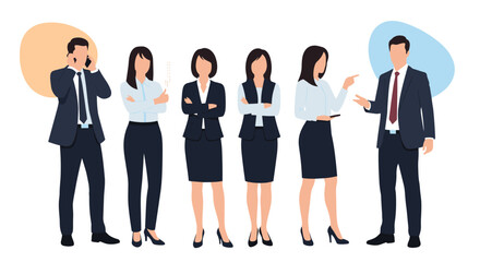 Fototapeta premium Diverse group of professional business people standing in a line having conversations and using phones in a clean modern vector illustration.