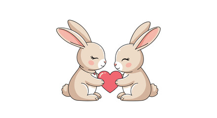 Obraz premium Adorable pair of beige rabbits sitting together and holding a large pink heart in a sweet romantic vector illustration for valentines day.