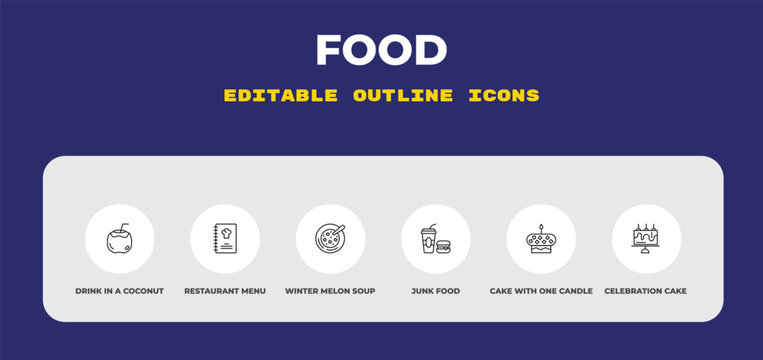 outline food icons set - drink in a coconut, restaurant menu, winter melon soup. editable vector for web and mobile ui