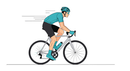 Naklejka premium Professional cyclist in a turquoise jersey and helmet riding a racing bike at high speed with motion lines on a white background vector.