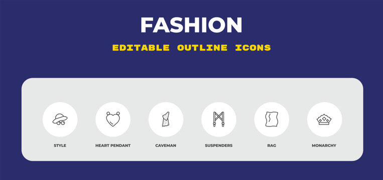 outline fashion icons set - style, heart pendant, caveman. editable vector for web and mobile ui