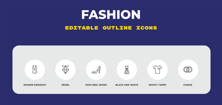 outline fashion icons set - women swimsuit, jewel, high heel shoes. editable vector for web and mobile ui