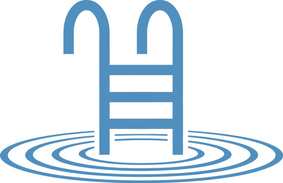 Simple blue graphic icon of a swimming pool ladder with ripples in water representing relaxation and summer fun.