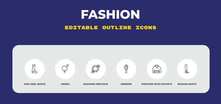 outline fashion icons set - high heel boots, unisex, diamond precious stone. editable vector for web and mobile ui