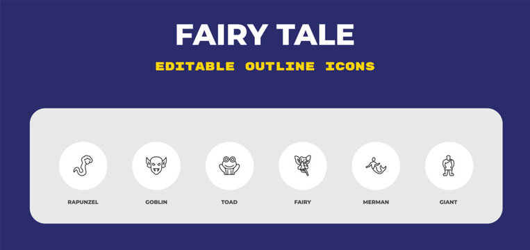 outline fairy tale icons set - rapunzel, goblin, toad. editable vector for web and mobile ui