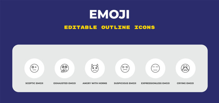 outline emoji icons set - sceptic emoji, exhausted emoji, angry with horns editable vector for web and mobile ui
