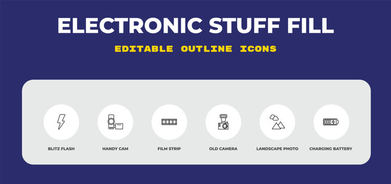 outline electronic stuff fill icons set - blitz flash, handy cam, film strip. editable vector for web and mobile ui