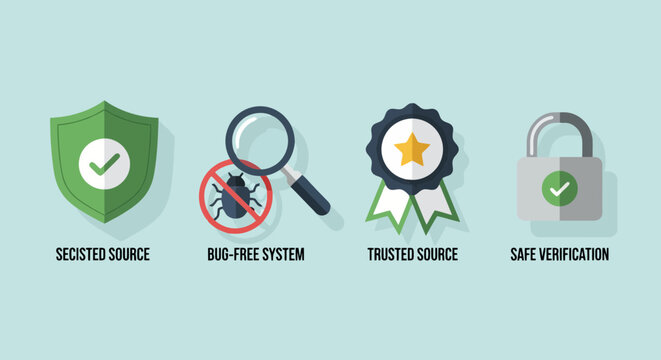 Cybersecurity and Software Quality Assurance Icon Set featuring Bug-Free System, Trusted Source, Safe Verification, and Secured Source Symbols