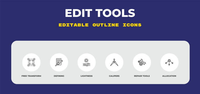 outline edit tools icons set - free transform, defining, lightness. editable vector for web and mobile ui