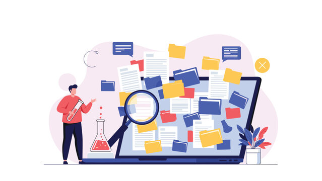 Man manages an overwhelming amount of digital files and folders on his laptop using a large magnifying glass for search.
