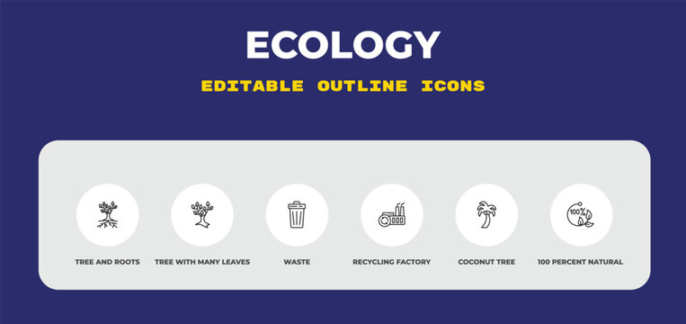 outline ecology icons set - tree and roots, tree with many leaves, waste. editable vector for web and mobile ui