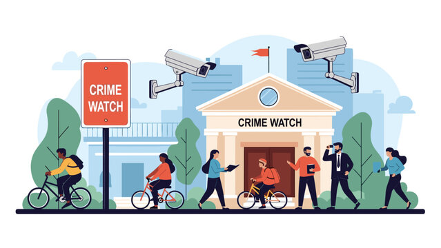 Urban street scene featuring a crime watch sign and multiple surveillance cameras monitoring diverse people walking and cycling near a building.