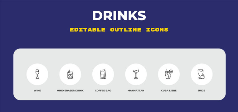 outline drinks icons set - wine, mind eraser drink, coffee bag. editable vector for web and mobile ui