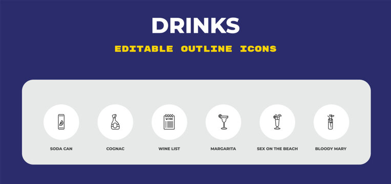 outline drinks icons set - soda can, cognac, wine list. editable vector for web and mobile ui