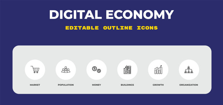 outline digital economy icons set - market, population, money. editable vector for web and mobile ui