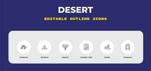 outline desert icons set - carriage, wigwam, saddle. editable vector for web and mobile ui © IconArt