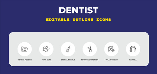outline dentist icons set - dental folder, mint gum, dental needle. editable vector for web and mobile ui © IconArt