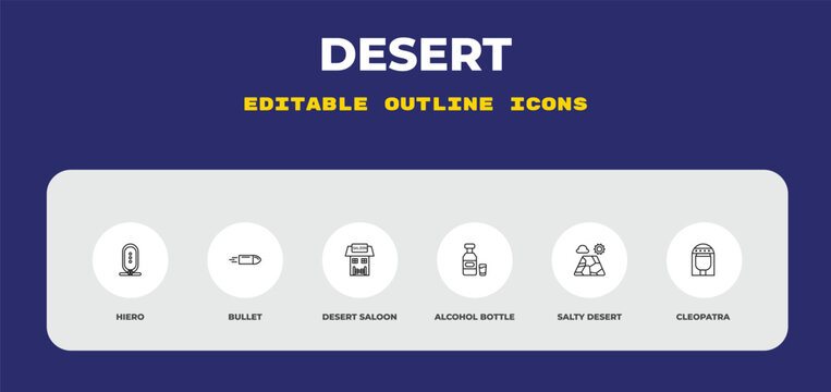 outline desert icons set - hiero, bullet, desert saloon. editable vector for web and mobile ui