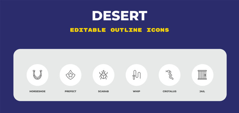 outline desert icons set - horseshoe, prefect, scarab. editable vector for web and mobile ui