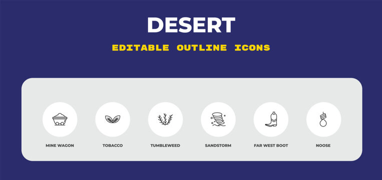 outline desert icons set - mine wagon, tobacco, tumbleweed. editable vector for web and mobile ui