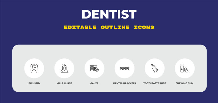 outline dentist icons set - bicuspid, male nurse, gauze. editable vector for web and mobile ui