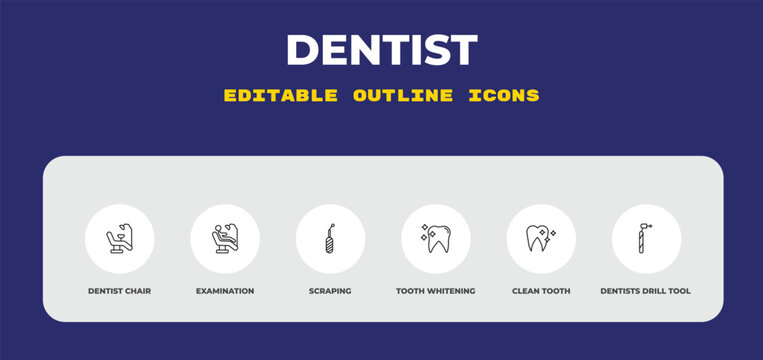 outline dentist icons set - dentist chair, examination, scraping. editable vector for web and mobile ui