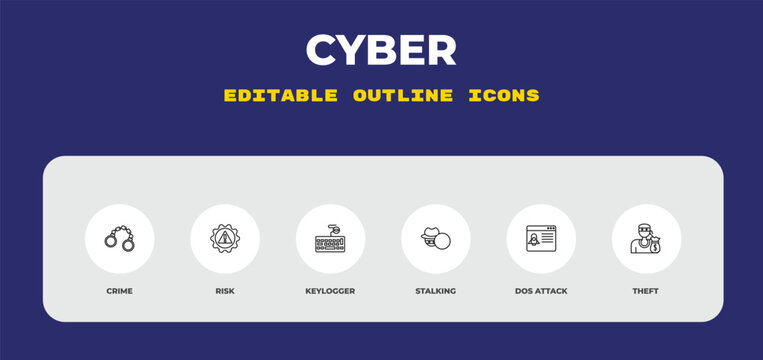 outline cyber icons set - crime, risk, keylogger. editable vector for web and mobile ui