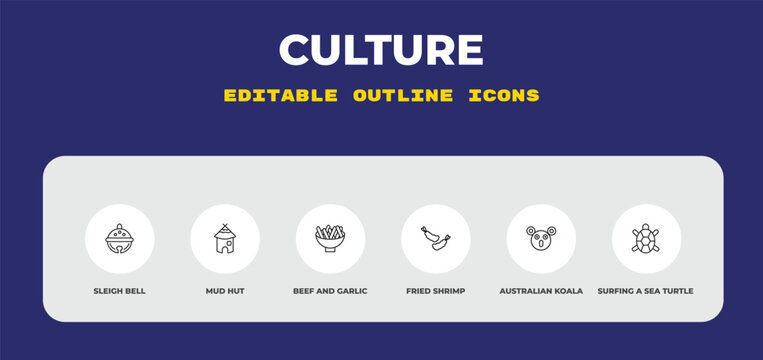 outline culture icons set - sleigh bell, mud hut, beef and garlic. editable vector for web and mobile ui