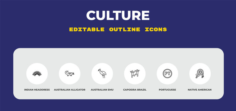 outline culture icons set - indian headdress, australian alligator, australian emu. editable vector for web and mobile ui